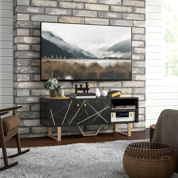 Buy TV Stand Cabinet for TVs up to 50 Inches, TV Unit with Storage Shelves and Cupboard for Living Room, Black Marble Tone, 2 image