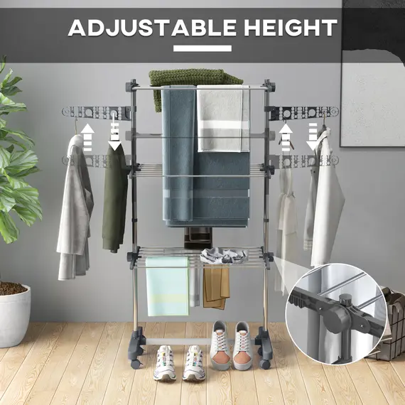 Buy Three-Shelf Collapsing Clothes Horse, With Side Arms and Wheels - Grey, 4 image