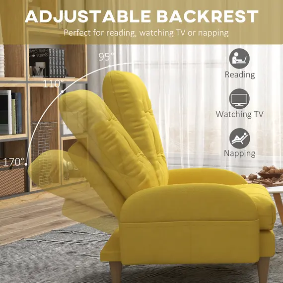 Buy  Upholstered Recliner Armchair with Footstool Set, Modern Button Tufted Accent Chair with Adjustable Backrest, Cushions, Wood Legs and Side Pockets for Living Room, Bedroom, Home Study, Yellow, 4 image