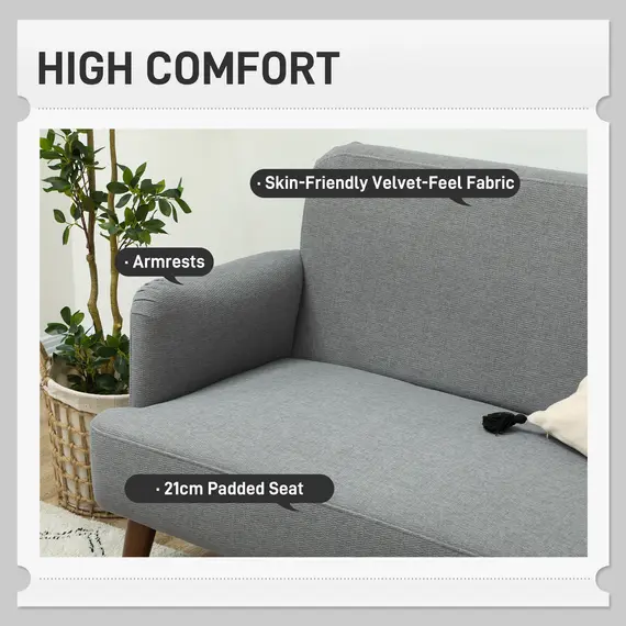 Buy Velvet Feel Fabric 2 Seater Sofa, Small Sofa Loveseat with 21cm Thick Padding and Wood Legs, Grey, 4 image