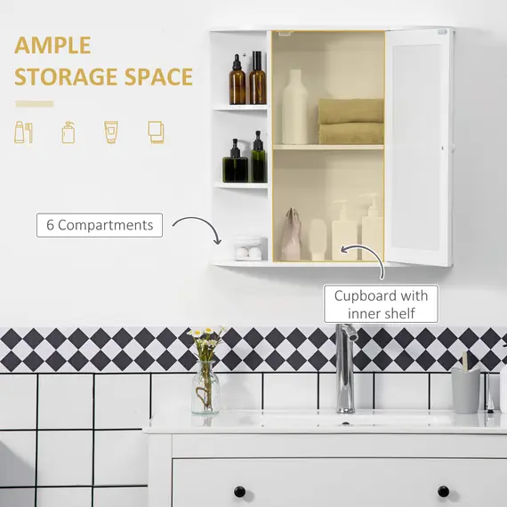 Buy Wall Mounted Bathroom Cabinet with Mirror Single Door Storage Organizer 2-tier Inner Shelves White, 5 image