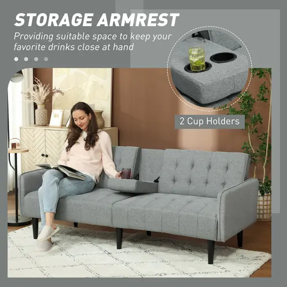 Buy Upholstered Click Clack Sofa Bed, Linen-Feel 3 Seater Sofa Bed with Storage and Cupholders, Light Grey, 4 image