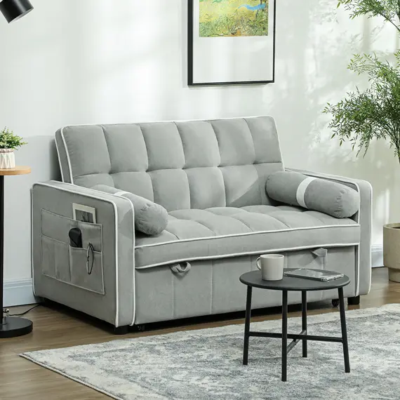 Buy Two-Seater Linen-Look Sofa Bed - Light Grey, 2 image