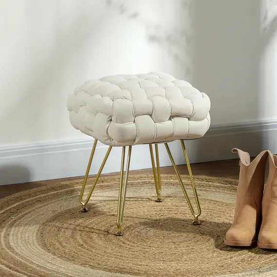 Buy Velvet-Feel Bold Woven Footstool - Cream White, 2 image