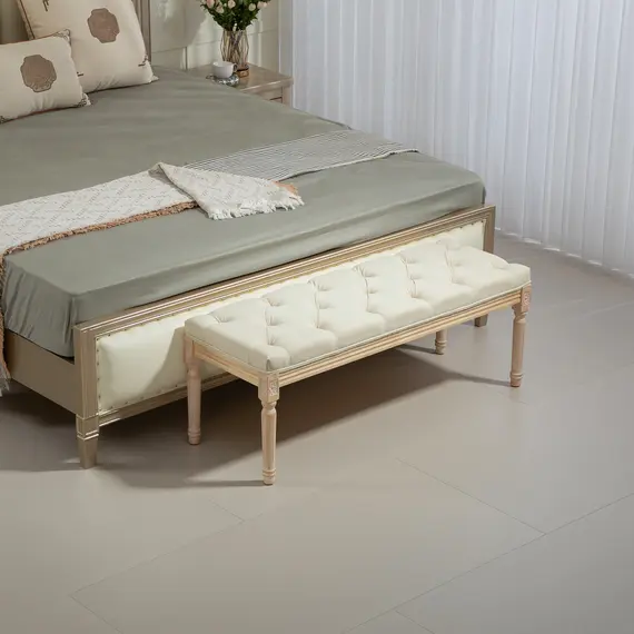 Buy Vintage Wooden Bed End Bench - Cream White, 7 image