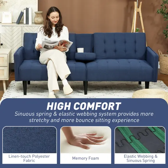 Buy Upholstered Click Clack Sofa Bed, Linen-Feel 3 Seater Sofa Bed with Storage and Cupholders, Dark Blue, 7 image