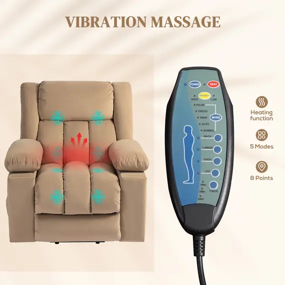 Buy Velvet-Feel Electric Riser, Recliner and Massage Armchair - Light Brown, 5 image