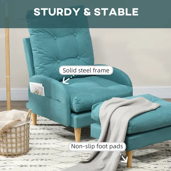 Buy  Upholstered Recliner Armchair with Footstool Set, Modern Button Tufted Accent Chair with Adjustable Backrest, Cushions, Wood Legs and Side Pockets for Living Room, Bedroom, Home Study, Blue, 6 image