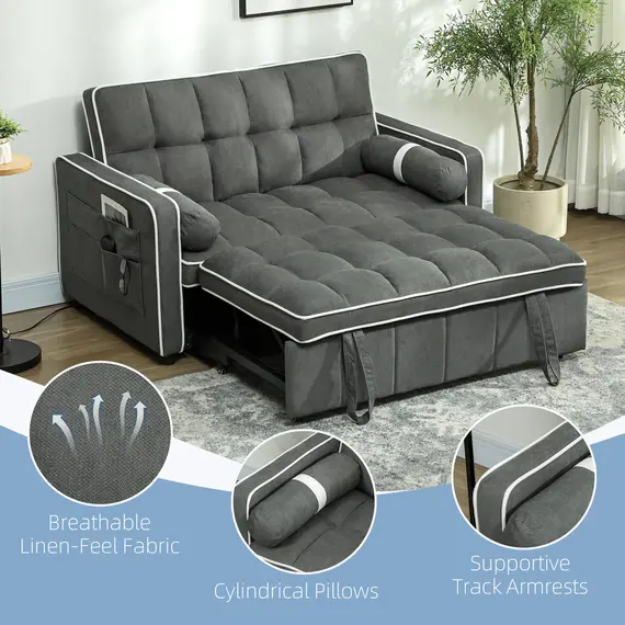 Buy Two-Seater Linen-Look Sofa Bed - Charcoal Grey, 6 image