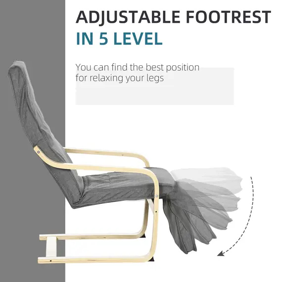 Buy Wooden Lounging Chair Deck Relaxing Recliner Lounge Seat with Adjustable Footrest & Removable Cushion, Dark Grey, 4 image