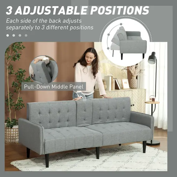 Buy Upholstered Click Clack Sofa Bed, Linen-Feel 3 Seater Sofa Bed with Storage and Cupholders, Light Grey, 6 image