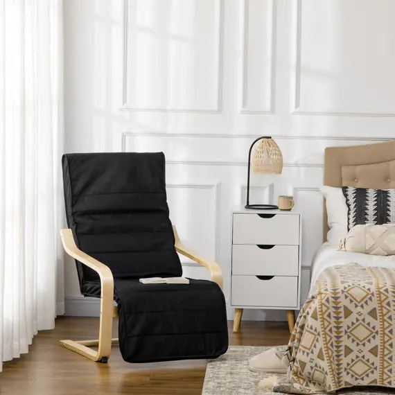 Buy Wooden Lounging Chair Deck Relaxing Recliner Lounge Seat with Adjustable Footrest & Removable Cushion Cover, Black, 2 image