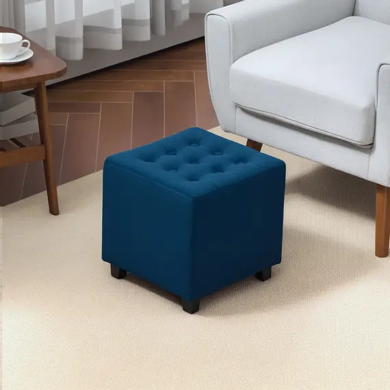 Buy Velvet-Feel Square Ottoman - Blue, 2 image