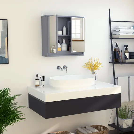Buy Wall Mounted Mirror Cabinet with Storage Shelf Bathroom Cupboard Double Door Grey, 6 image