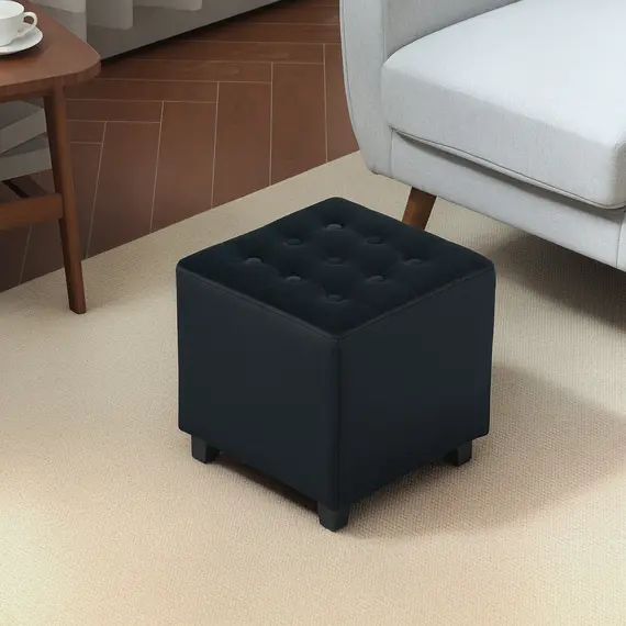 Buy Velvet-Feel Square Ottoman - Grey, 2 image