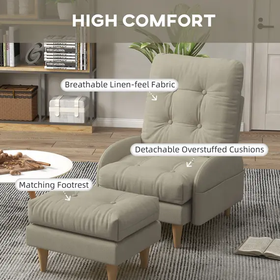 Buy  Upholstered Recliner Armchair with Footstool Set, Modern Button Tufted Accent Chair with Adjustable Backrest, Cushions, Wood Legs and Side Pockets for Living Room, Bedroom, Home Study, Beige, 5 image
