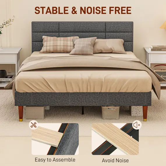 Buy Upholstered Double Bed Frame, with Slats - Grey, 5 image
