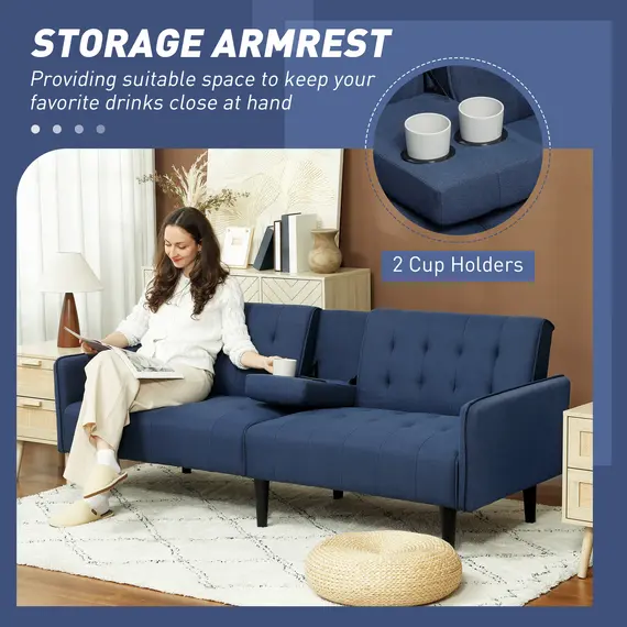 Buy Upholstered Click Clack Sofa Bed, Linen-Feel 3 Seater Sofa Bed with Storage and Cupholders, Dark Blue, 4 image