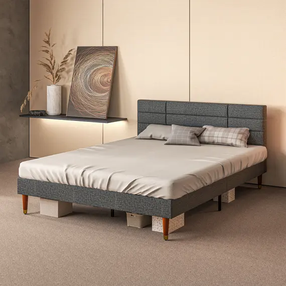 Buy Upholstered King Bed Frame, with Slats - Grey, 2 image