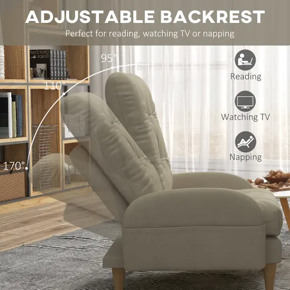 Buy  Upholstered Recliner Armchair with Footstool Set, Modern Button Tufted Accent Chair with Adjustable Backrest, Cushions, Wood Legs and Side Pockets for Living Room, Bedroom, Home Study, Beige, 4 image