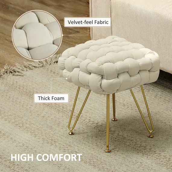 Buy Velvet-Feel Bold Woven Footstool - Cream White, 6 image
