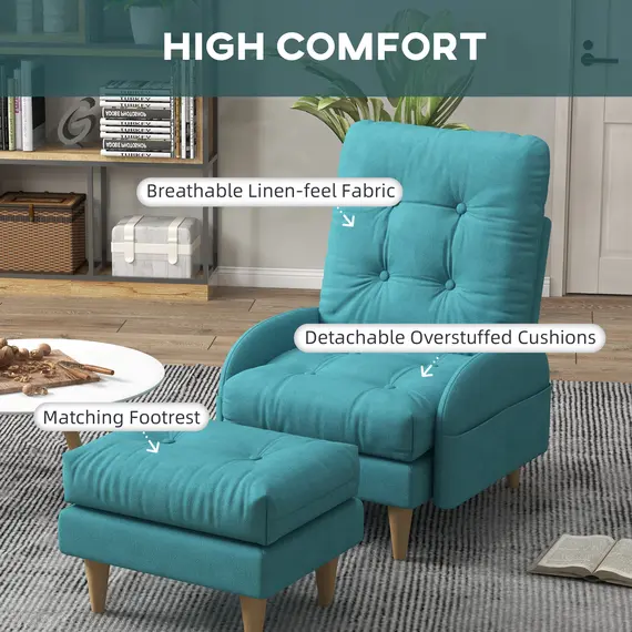 Buy  Upholstered Recliner Armchair with Footstool Set, Modern Button Tufted Accent Chair with Adjustable Backrest, Cushions, Wood Legs and Side Pockets for Living Room, Bedroom, Home Study, Blue, 5 image