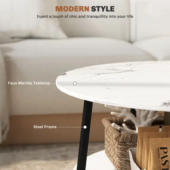Buy Two-Tier Marble-Effect Coffee Table - White/Black, 5 image