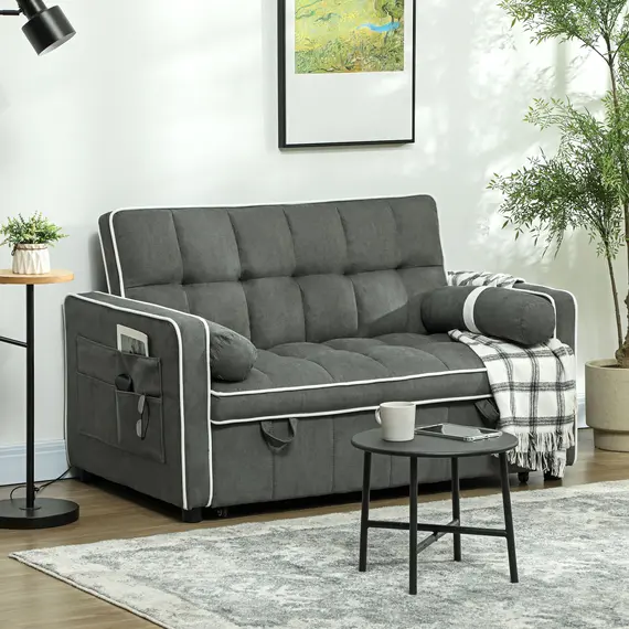 Buy Two-Seater Linen-Look Sofa Bed - Charcoal Grey, 2 image