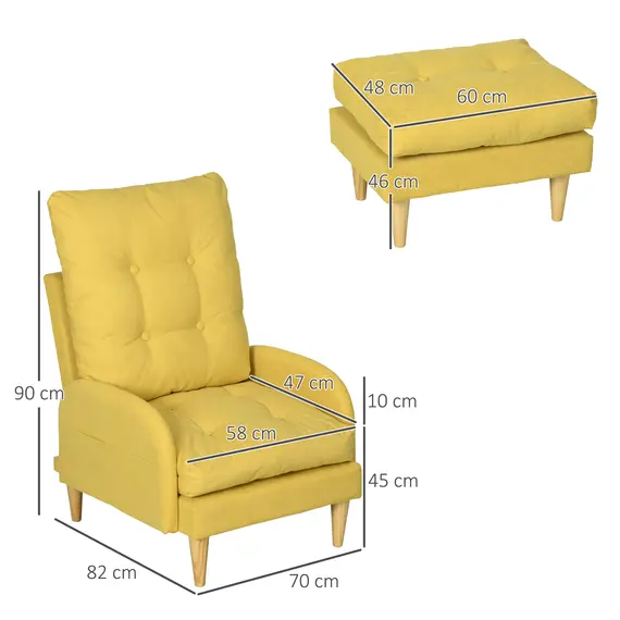 Buy  Upholstered Recliner Armchair with Footstool Set, Modern Button Tufted Accent Chair with Adjustable Backrest, Cushions, Wood Legs and Side Pockets for Living Room, Bedroom, Home Study, Yellow, 3 image