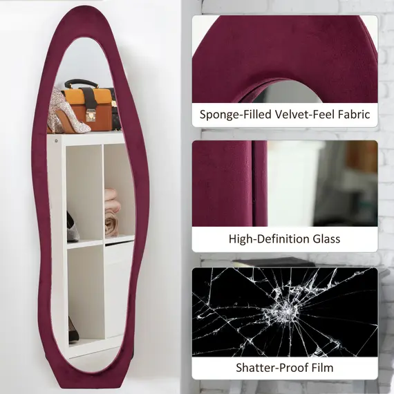 Buy Wavy Velvet-Feel Full Length Mirror - Wine Red, 5 image