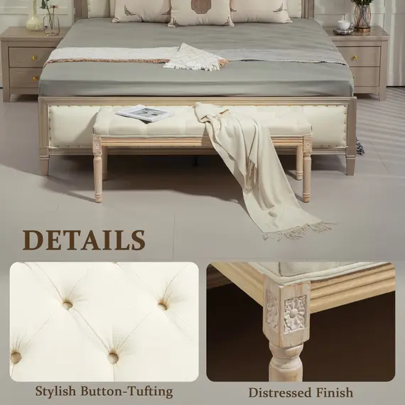 Buy Vintage Wooden Bed End Bench - Cream White, 4 image
