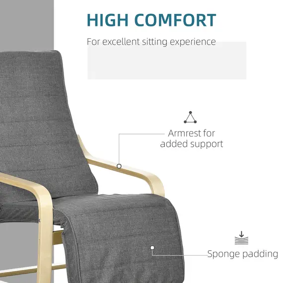 Buy Wooden Lounging Chair Deck Relaxing Recliner Lounge Seat with Adjustable Footrest & Removable Cushion, Dark Grey, 5 image