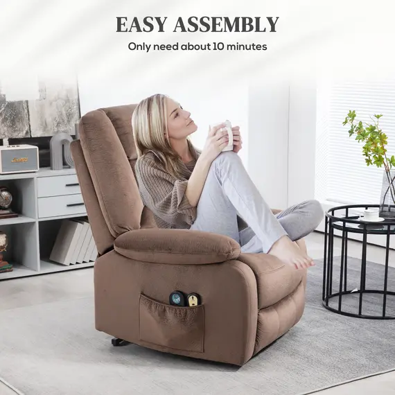 Buy Velvet-Feel Electric Lift-and-Recline Massage Armchair, with Remote - Brown, 6 image