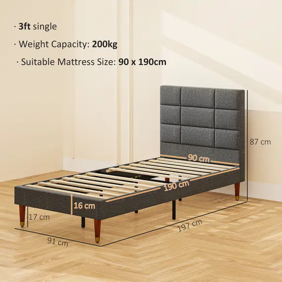 Buy Upholstered Single Bed Frame, with Slats - Grey, 3 image
