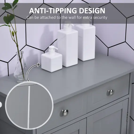 Buy 75x60cm Freestanding Bathroom Storage Cabinet Unit w/ 2 Drawers Cupboard Adjustable Shelf Metal Handles Traditional Style Grey, 7 image