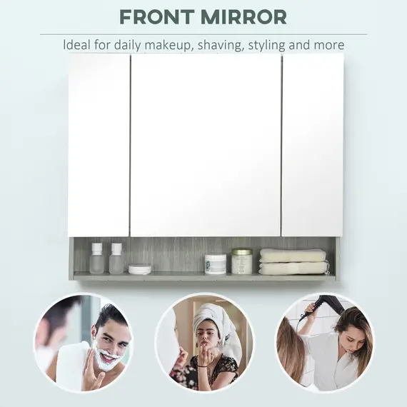 Buy Bathroom Mirror Cabinet, Wall Mounted Storage Cabinet with Adjustable Shelves, 3 Doors and Cupboards, Grey, 7 image