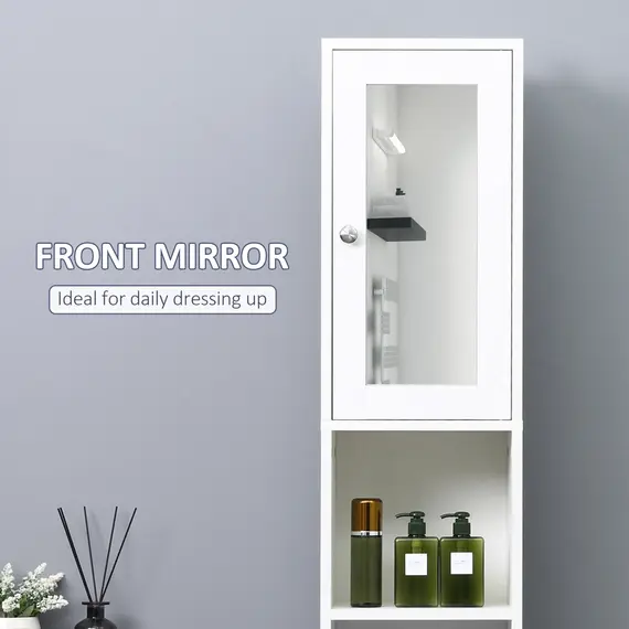 Buy Tall Bathroom Storage Cabinet with Mirror, Freestanding Floor Cabinet Tallboy Unit with Adjustable Shelves, White, 6 image