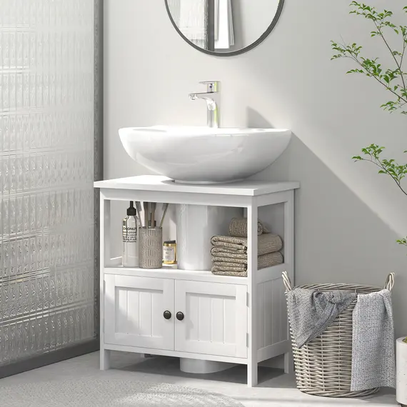 Buy Pedestal Under Sink Cabinet with Double Doors, Modern Bathroom Vanity Storage Unit with Shelves, White, 2 image