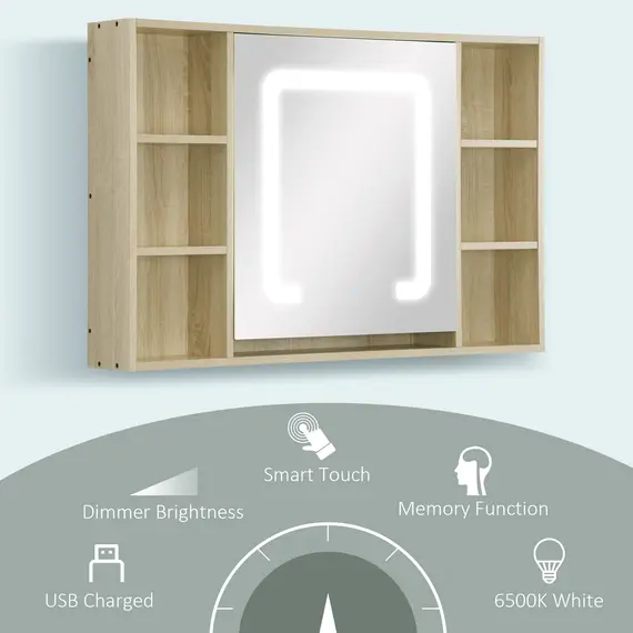 Buy  LED Bathroom Mirror Cabinet, Wall Mounted Dimmable Brightness Medicine Cabinet with Adjustable Shelf and Mirrored Door, Memory Function, USB Charge, Natural, 4 image