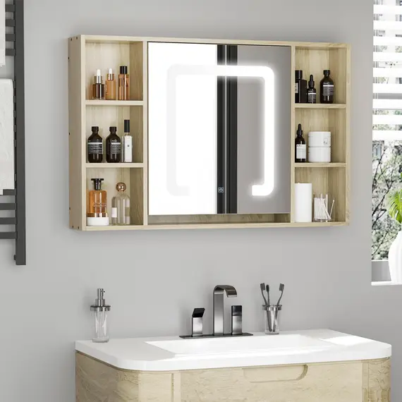 Buy  LED Bathroom Mirror Cabinet, Wall Mounted Dimmable Brightness Medicine Cabinet with Adjustable Shelf and Mirrored Door, Memory Function, USB Charge, Natural, 2 image