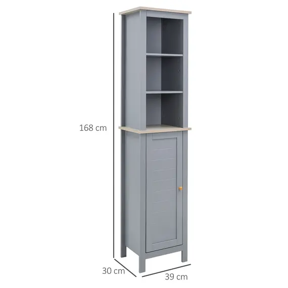 Buy Bathroom Floor Storage Cabinet with 3 Tier Shelf and Cupboard with Door, Free Standing Linen Tower, Tall Slim Side Organizer Shelves, Grey, 3 image