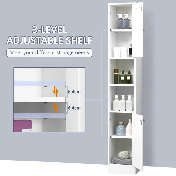 Buy Tall Bathroom Storage Cabinet with Mirror, Freestanding Floor Cabinet Tallboy Unit with Adjustable Shelves, White, 8 image