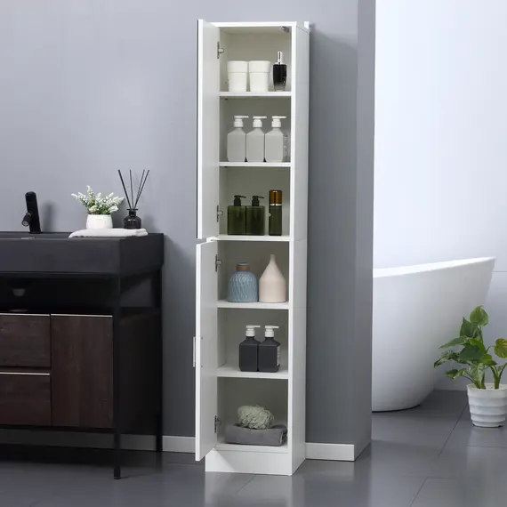 Buy Tall Mirrored Bathroom Cabinet, Bathroom Storage Cupboard, Floor Standing Tallboy Unit with Adjustable Shelf, White, 7 image