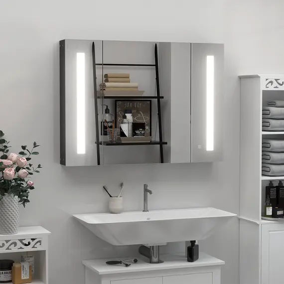 Buy LED Bathroom Cabinet with Mirror, Wall Mounted Dimmable Brightness Storage Organiser with 3 Mirrored Doors and Adjustable Shelves, Memory Function, USB Charge, High Gloss Black, 2 image