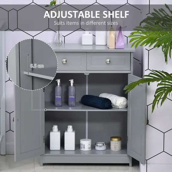 Buy 75x60cm Freestanding Bathroom Storage Cabinet Unit w/ 2 Drawers Cupboard Adjustable Shelf Metal Handles Traditional Style Grey, 5 image
