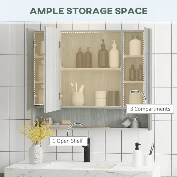 Buy Bathroom Mirror Cabinet, Wall Mounted Storage Cabinet with Adjustable Shelves, 3 Doors and Cupboards, Grey, 4 image