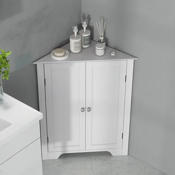 Buy Triangle Bathroom Cabinet, Corner Bathroom Storage Unit with Adjustable Shelf and Recessed Door, Free Standing, White, 8 image