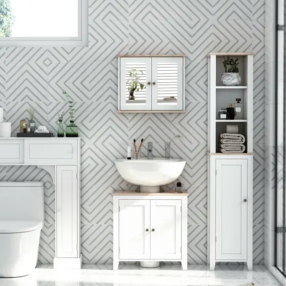 Buy Under Sink Cabinet, Bathroom Sink Cabinet with 2 Doors, Pedestal Under Sink Design, Freestanding Bathroom Cupboard with Adjustable Shelf, White, 5 image