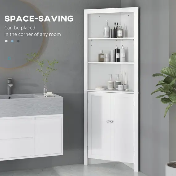 Buy Triangle Bathroom Cabinet, Corner Bathroom Storage Unit with Cupboard and 3-Tier Shelves, Free Standing, White, 4 image