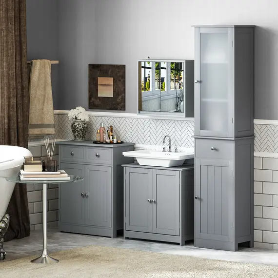 Buy 75x60cm Freestanding Bathroom Storage Cabinet Unit w/ 2 Drawers Cupboard Adjustable Shelf Metal Handles Traditional Style Grey, 9 image